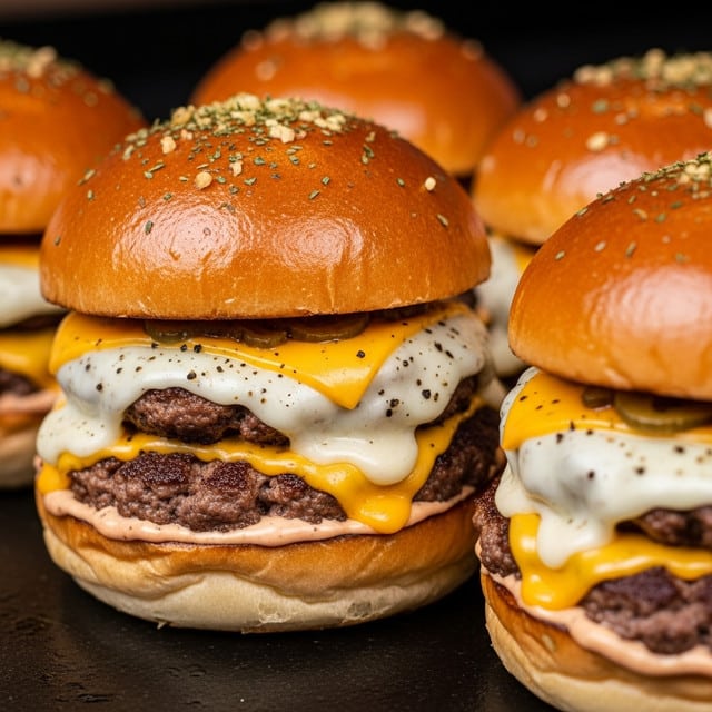 A close-up shows a cheeseburger with three visible layers: a top golden-brown bun sprinkled with herbs and small crumbs, a middle melty light yellow cheese layer that drapes over the edges, and a thick, juicy dark brown beef patty with a slight char, sitting on the bottom bun which is a lighter brown and soft-looking. In the background, three more similar cheeseburgers are blurred but visible, set against a dark surface contrasting with the white marbled texture below. photo taken with an iphone --ar 4:5 --v 7