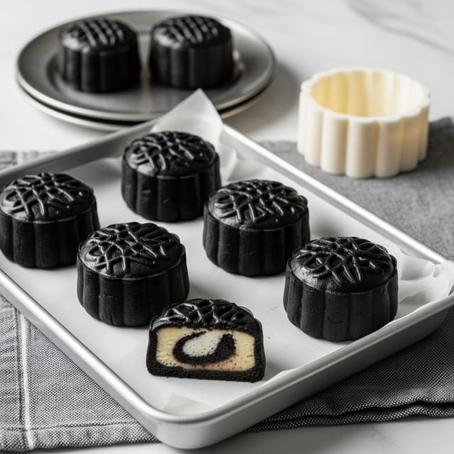 The image shows seven black mooncakes with shiny, smooth surfaces arranged neatly on white parchment paper on a silver baking tray. Each mooncake has a round shape with scalloped edges and a textured top surface featuring a crisscross pattern. One mooncake is cut in half at the front of the tray, revealing a creamy white filling with dark chocolate chunks inside. Behind the tray, there is a stack of white plates holding two more black mooncakes, and a light-colored mooncake mold is visible to the right. The scene is set on a white marbled surface with a striped grey cloth partially visible under the tray. photo taken with an iphone --ar 4:5 --v 7