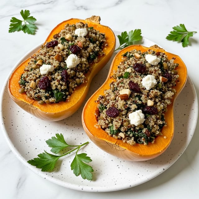 Two halves of roasted butternut squash lie on a white speckled plate, each filled with a colorful mixture. The bottom layer is the smooth, soft orange flesh of the squash, topped with a thick, textured stuffing of small quinoa grains, green leafy bits, light brown lentils, white cheese crumbles, chopped nuts, and dark red dried cranberries. A few fresh green parsley leaves are placed around the plate on a white marbled surface. Photo taken with an iphone --ar 4:5 --v 7