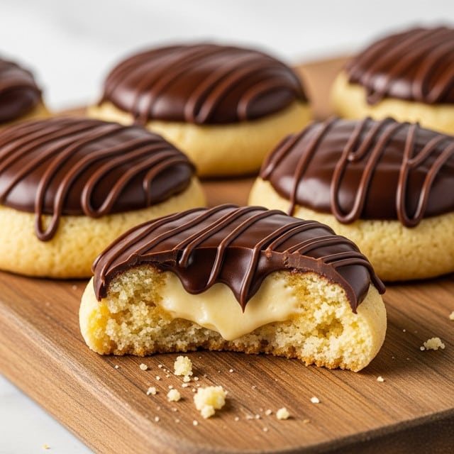 A close-up of round cookies with a soft, crumbly pale yellow base, each topped with a shiny, thick layer of dark brown chocolate that has a glossy texture with thin lines drizzled on top. The cookie in the front is broken in half, showing a creamy, smooth, pale yellow filling inside, with the chocolate melting slightly and dripping down the sides. The cookies rest on a rustic wooden board with a few crumbs scattered around, all set against a white marbled texture. photo taken with an iphone --ar 4:5 --v 7