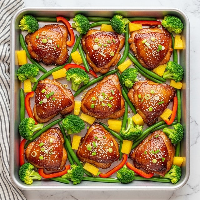 The image shows a silver baking tray filled with glossy glazed chicken thighs arranged evenly across the tray. The chicken pieces are golden brown and shiny, topped with small white sesame seeds and chopped green onions. Bright yellow chunks of pineapple are scattered between the chicken pieces, adding vibrant color. Around the chicken and pineapple are fresh green broccoli florets, green beans, and slices of red bell peppers, creating a mix of green and red vegetables. The tray sits on a white marbled textured surface with a striped cloth peeking from the corner. photo taken with an iphone --ar 4:5 --v 7
