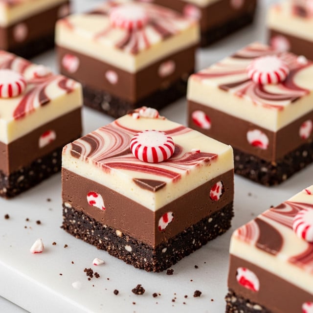 The image shows squares of layered peppermint fudge arranged on a white marbled surface. Each piece has three distinct layers: a bottom thin, crumbly dark chocolate crust, a thick middle layer of smooth dark chocolate fudge, and a top marble layer swirling together white and dark chocolate with red peppermint stripes. Small peppermint candy pieces rest on top, adding a festive touch. The close-up focus highlights the smooth and creamy textures, with a few crumbs scattered around. Photo taken with an iphone --ar 4:5 --v 7