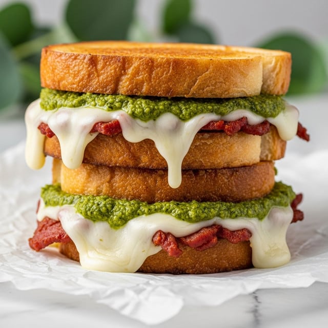 A close-up of a three-layer grilled cheese sandwich stacked on white parchment paper over a wooden board with a white marbled texture background. Each layer of the sandwich consists of toasted golden brown bread with a slightly charred pattern, a thick layer of melted white cheese stretching out softly between the layers, a spread of vibrant green pesto sauce just above the cheese, and small chunks of reddish cured meat tucked underneath the cheese. The cheese melts and drips down the sides, showing a gooey texture that looks warm and fresh. photo taken with an iphone --ar 4:5 --v 7
