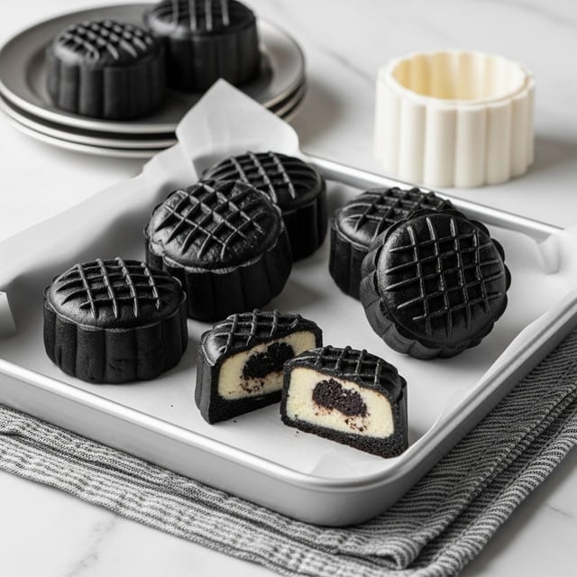 There are six black mooncakes with a shiny, smooth texture and a crisscross pattern on top, arranged on white parchment paper inside a silver baking tray. One mooncake is cut in half in the center front, showing a creamy white filling with dark black swirls. Behind the tray, two more black mooncakes sit on stacked silver plates. To the right, there is a white mooncake mold with a similar crisscross pattern on top. The scene is set on a white marbled surface with a gray striped cloth under the tray. photo taken with an iphone --ar 4:5 --v 7