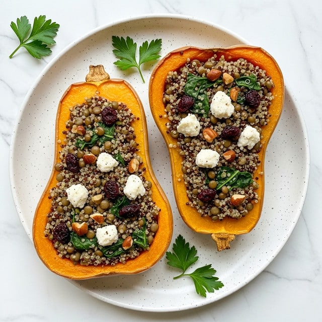Two halves of roasted butternut squash sit on a white plate with a brown rim, placed on a white marbled texture. Each half is filled with a mixture of small beige quinoa grains, green leafy pieces, light brown lentils, chopped nuts, white cheese chunks, and dark red dried cranberries, creating a colorful, textured topping that contrasts with the smooth, bright orange squash flesh underneath. There are a few flat green herb leaves scattered lightly on and around the plate. photo taken with an iphone --ar 4:5 --v 7