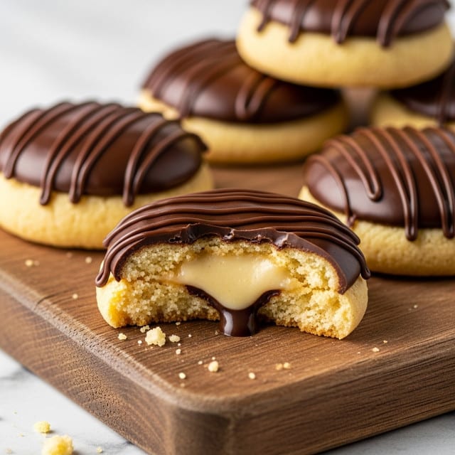 The image shows round cookies with three distinct layers placed on a wooden board. The bottom layer is a pale, buttery, crumbly cookie base with a rough texture. The middle layer is a thick, creamy, smooth yellow filling, visible inside the broken cookie in the front. The top layer is shiny, dark chocolate that looks soft and glossy, dripping slightly over the edges of the cookie with thin chocolate lines on top for decoration. There are several cookies arranged in a loose cluster in the background, all having the same layered look. The photo is taken close-up with a white marbled texture in the background. Photo taken with an iphone --ar 4:5 --v 7