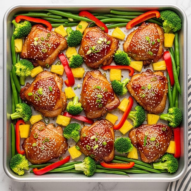 The image shows a baking tray filled with cooked chicken thighs that are golden brown with a shiny glaze on top, sprinkled with white sesame seeds and chopped green onions. The chicken pieces are nestled between bright yellow pineapple chunks, green broccoli florets, green beans, and vibrant red bell pepper slices. The vegetables and pineapple provide a mix of smooth and slightly rough textures, contrasting with the glossy chicken. The tray sits on a white marbled surface, and the whole dish looks fresh, colorful, and well-arranged. photo taken with an iphone --ar 4:5 --v 7