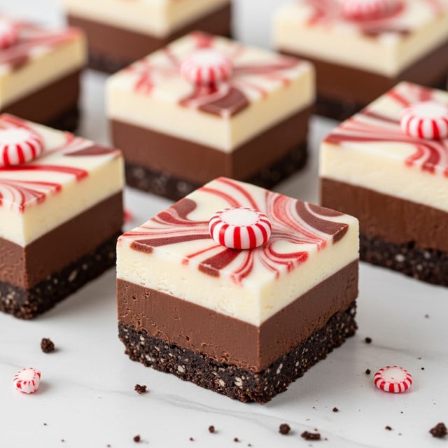 The image shows several square pieces of chocolate fudge with three clear layers. The bottom layer is thin and crumbly with a rough texture of chocolate biscuit or crust. The middle layer is thick, smooth, and dark brown chocolate fudge. The top layer is a creamy white chocolate mixed with swirls of dark brown chocolate and bright red stripes that twist in a marble pattern across the surface. Small pieces of red and white striped candy are placed on top of the fudge, adding an extra decorative touch. The dessert pieces sit on a white marbled texture surface, with some crumbs and candy pieces scattered around. Photo taken with an iphone --ar 4:5 --v 7