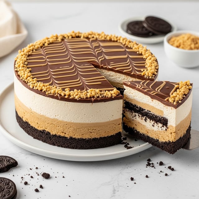 A round cake with four visible layers sits on a white plate placed on a white marbled surface. The bottom layer is a dark crumb crust made of crushed cookies, thick and textured. Above it is a tall, smooth, creamy light beige layer, making most of the cake's height. On top of the cream is a shiny milk chocolate layer with a glossy finish, decorated with light brown wavy lines evenly spaced. The top edge of the cake is sprinkled with small pieces of light golden nuts. One slice is cut and slightly pulled out, showing the even layers clearly. Around the plate, there are crumbs, a small white bowl of crushed nuts, and pieces of cookies visible. Photo taken with an iphone --ar 4:5 --v 7
