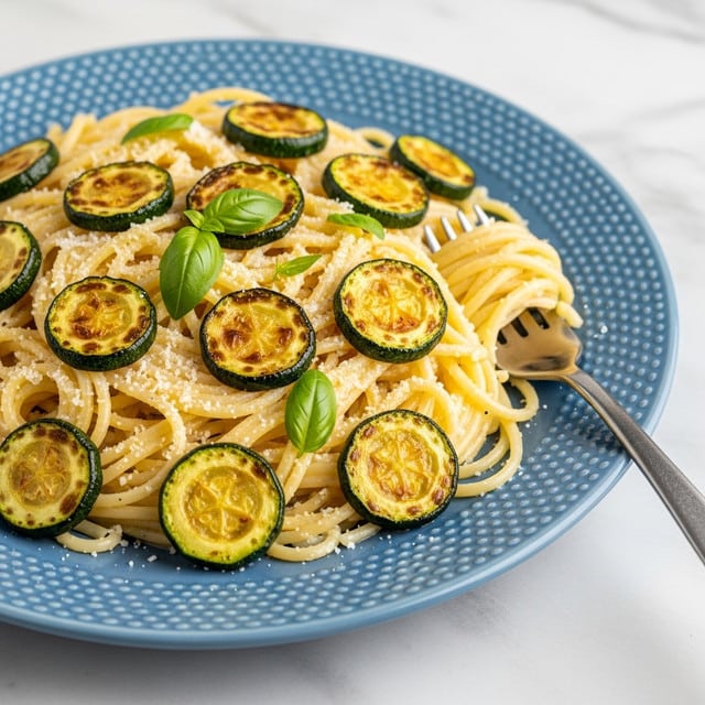 A close-up view of a blue textured plate filled with creamy spaghetti pasta topped with golden-brown, pan-fried zucchini slices scattered evenly across the noodles, small fresh green basil leaves placed on top for color, and a light dusting of grated white cheese adding a delicate texture. A silver fork is partially inserted into a small twisted bundle of spaghetti on the right side of the plate, resting on the edge, with the whole scene set on a white marbled texture surface. photo taken with an iphone --ar 4:5 --v 7