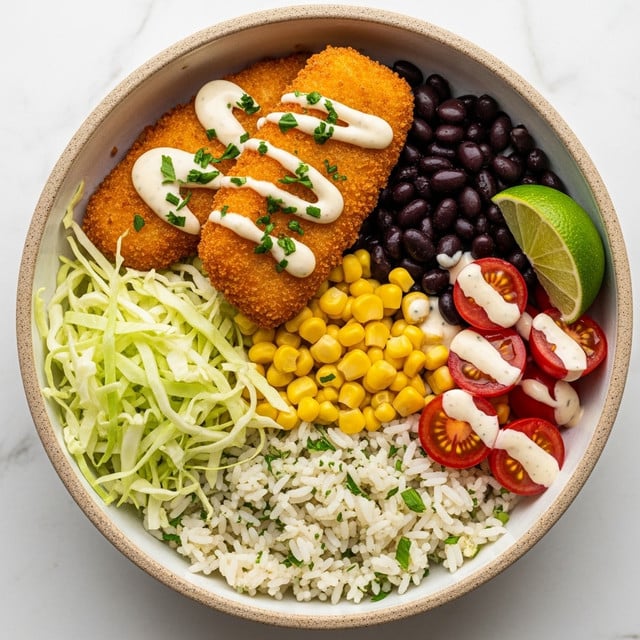 A bowl filled with five layers: at the bottom is a layer of white rice with light green herb specks, followed by shredded light green cabbage on one side and bright yellow cooked corn next to it. There is a cluster of shiny black beans beside the corn and a few red cherry tomato halves with drops of creamy white dressing nearby. On top are two pieces of golden brown breaded fish fillets, drizzled with white sauce and sprinkled with chopped green herbs. A green lime wedge rests near the beans, all inside a bowl with a rough beige rim, placed on a white marbled surface. Photo taken with an iphone --ar 4:5 --v 7