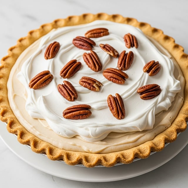 A pie with a light golden-brown crust that has a wavy edge, filled with a thick, smooth cream layer that is light beige in color. On top, there is a thick layer of fluffy, white whipped cream that is spread unevenly with soft peaks and swirls. Scattered across the whipped cream are whole and half pecan nuts, rich brown with a glossy texture, adding contrast and a crunchy look. The pie is placed on a white plate, which sits on a surface with a white marbled texture. Photo taken with an iphone --ar 4:5 --v 7