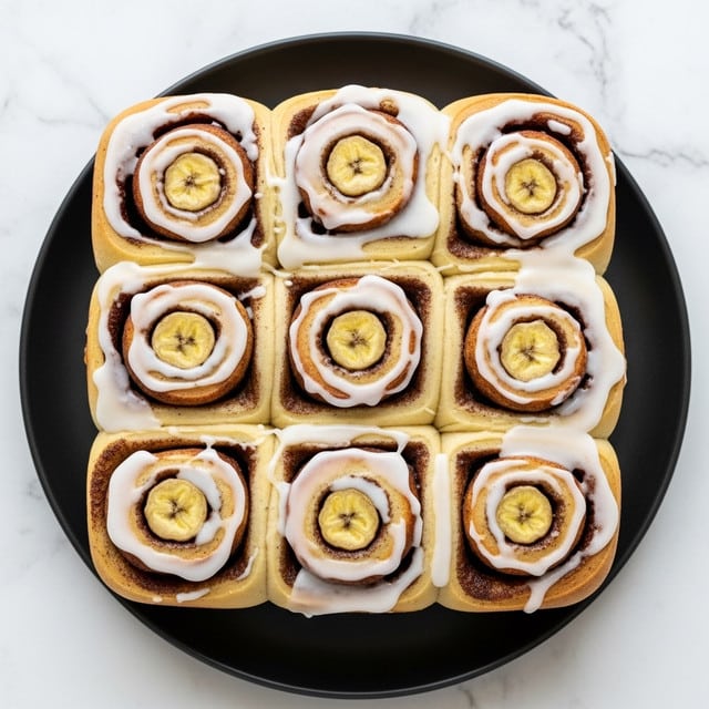 The image shows nine cinnamon rolls arranged in a 3x3 grid in a white tray, each with a golden-brown crust and a spiral pattern of dark cinnamon filling. A creamy white glaze covers the rolls, pooling slightly between them and adding a shiny texture. Four of the rolls have a slice of banana on top, showing a light yellow flesh with tiny black seeds in the middle. The background is a white marbled surface that contrasts with the warm tones of the rolls. photo taken with an iphone --ar 4:5 --v 7