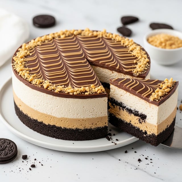 The image shows a round layered dessert on a white plate with a white marbled texture background. The dessert has four visible layers: a bottom black cookie crumb crust, a thick light beige creamy middle layer, a shiny chocolate layer on top with a smooth texture and light brown wavy lines, and chopped light-colored nuts sprinkled around the top edge. One slice is cut and laid in front of the cake showing the layers clearly, with some cookie crumbs scattered on the plate. Small white bowls with chocolate crumbs and chopped nuts surround the dessert. Photo taken with an iphone --ar 4:5 --v 7