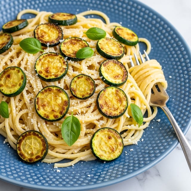 A deep white plate holds a serving of spaghetti pasta coated in a creamy light yellow sauce, with several slices of golden-brown fried zucchini scattered on top and mixed within. The zucchini slices have a slightly crispy texture with dark green edges. Sprinkled over the pasta is a light dusting of grated parmesan cheese, adding fine white specks. Fresh bright green basil leaves are placed as garnish, adding contrast to the creamy pasta. A silver fork rests inside the plate, twirling some pasta with a couple of zucchini slices. The plate is set on a white marbled surface. photo taken with an iphone --ar 4:5 --v 7