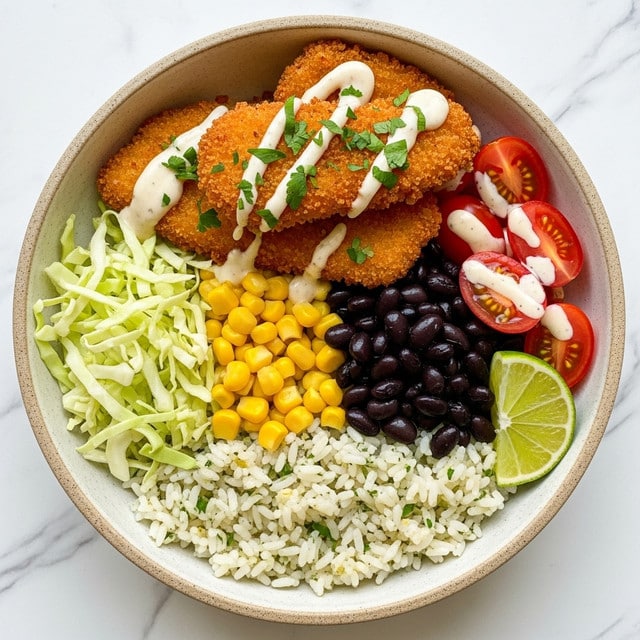 A bowl holds a colorful layered dish with white rice at the bottom, topped with two pieces of golden-brown crispy fried fish drizzled with white sauce and sprinkled with chopped green herbs. Around the fish, on the left side, there are small red cherry tomato halves and shredded green lettuce. The top area has a bright yellow layer of corn kernels, and next to it on the right, a small pile of dark black beans with green herb bits on top. A fresh green lime wedge sits at the top right edge of the bowl. The bowl itself has a light speckled beige rim, and the background is a white marbled surface. Photo taken with an iphone --ar 4:5 --v 7