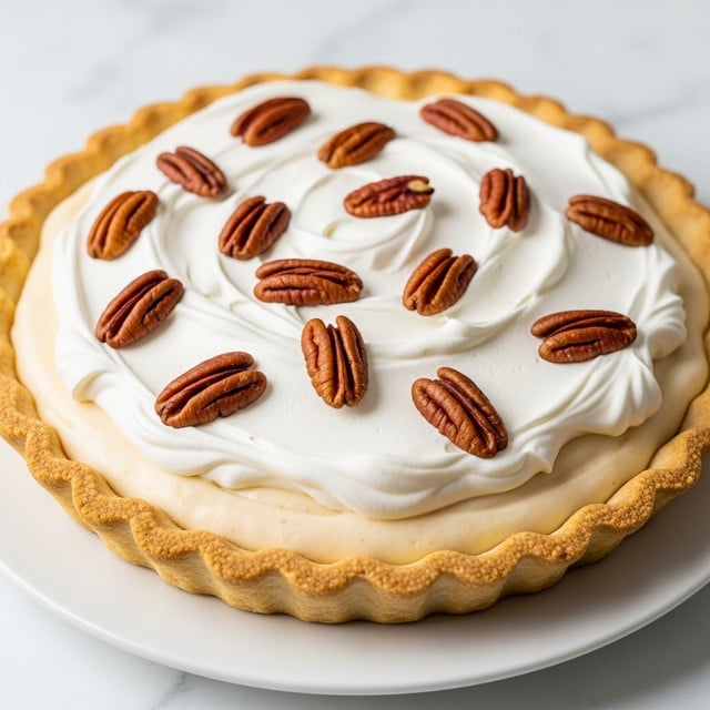 A pie with three main layers: the bottom layer is a light golden-brown flaky crust with wavy edges, holding the rest of the pie. The middle layer is thick and creamy but hidden beneath the top; the top layer is a fluffy, whipped cream with a slightly off-white color and soft peaks. Scattered over the whipped cream are whole and broken pecan nuts, showing rich brown shells with lighter cream-colored inside parts. The pie sits on a white plate with a handle on a white marbled surface. Photo taken with an iphone --ar 4:5 --v 7