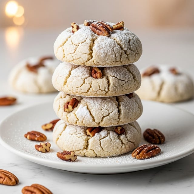 The image shows a stack of four round cookies on a white plate, all covered with a thick layer of white powdered sugar. Each cookie has a rough, crumbly texture with cracks visible on the surface, and is topped with pieces of brown pecans scattered unevenly on top and around the plate. The cookies are pale beige in color, and the powdered sugar creates a snowy look that contrasts with the darker pecans. The stack is placed on a white marbled surface with a soft and blurred warm background. photo taken with an iphone --ar 4:5 --v 7