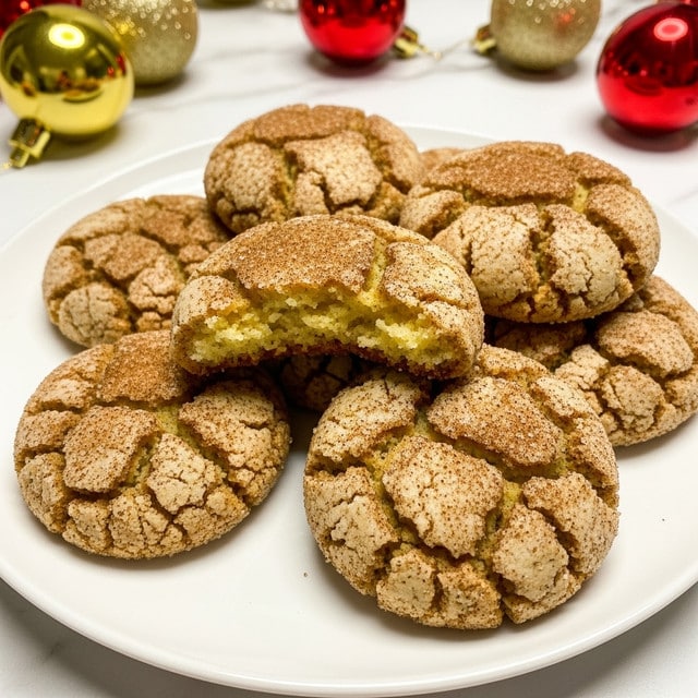 A white plate with a pile of seven round cookies, each cookie has a cracked rough surface and is covered with a mix of cinnamon and sugar, giving a brown and light beige color blend. The cookies are soft and slightly thick, with a few broken parts showing a light yellow inside. The background has blurred golden and red Christmas decorations on a white marbled surface. The lighting is warm and highlights the sugar and cinnamon texture on the cookies. photo taken with an iphone --ar 4:5 --v 7