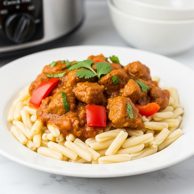A shallow white ceramic bowl holds two layers of food: the bottom layer is small, white, spiral-shaped pasta with a smooth yet slightly firm texture, evenly spread across the plate; the top layer consists of chunks of tender, orange-brown chicken pieces coated in a glossy, thick tomato-based sauce with visible red bell pepper cubes scattered throughout. The dish is garnished with fresh green cilantro leaves placed in the center on top, adding a bright contrast. The bowl is set on a white marbled surface with soft lighting that highlights the vivid colors and textures. photo taken with an iphone --ar 4:5 --v 7