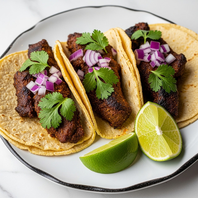 Three small, soft corn tortillas with light grill marks on the edges are filled with well-cooked, brown grilled meat pieces that look juicy and slightly crispy. On top of the meat, there are small, chopped purple onion pieces and fresh, bright green cilantro leaves scattered evenly. Next to the tacos, there are two lime wedges showing their fresh, bright green inside. All the tacos sit on a white plate, with a white marbled surface underneath. photo taken with an iphone --ar 4:5 --v 7