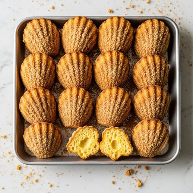 The image shows a metal tray filled with twelve golden-brown madeleine cakes, dusted with a fine layer of powder or crumbs. The cakes have a distinctive shell-like shape with a textured surface, some displaying the ridges clearly on top. Two madeleines are cut in half, revealing a soft, moist yellow inside. The tray is placed on a white marbled surface, and crumbs are scattered around it, adding a rustic touch. photo taken with an iphone --ar 4:5 --v 7