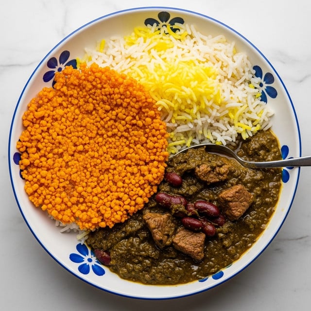 A round white bowl with blue patterns on the edge holds three distinct layers: on the left is a bright orange, crispy layer that looks crunchy, next to it is a soft layer of white and yellow rice, and on the right is a thick, dark green stew with visible kidney beans and chunks of meat, with a shiny texture. A metal spoon scoops some of the stew. The bowl is placed on a white marbled surface. photo taken with an iphone --ar 4:5 --v 7