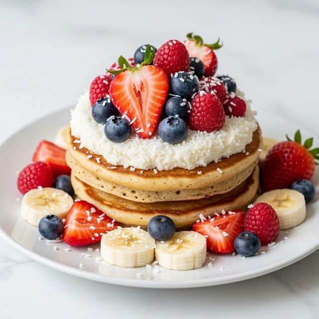 A stack of three thick, golden brown pancakes sits in the center of a white plate on a white marbled surface. The pancakes have a light, fluffy texture with slightly crispy edges. On top, there is a mix of fresh fruits: bright red whole strawberries and sliced strawberries, dark blue blueberries, a couple of round banana slices, and a red raspberry. White shredded coconut is sprinkled generously over the pancakes and fruits, adding a soft, snowy texture. The colors are vibrant and fresh, making the dish look sweet and inviting. photo taken with an iphone --ar 4:5 --v 7