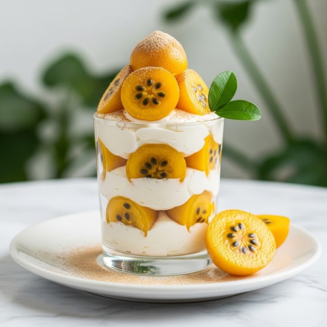 A clear glass cup contains three layers of bright yellow fruit pieces with black seeds, separated by two layers of smooth white cream. The top layer is piled high with more of the yellow fruit halves, dusted with a light brown powder. A single green leaf decorates the side. The glass is placed on a white plate with a light dusting of powder, and a halved yellow fruit rests beside it. The background shows soft, natural light with blurred plants, and the whole scene sits on a white marbled texture. photo taken with an iphone --ar 4:5 --v 7