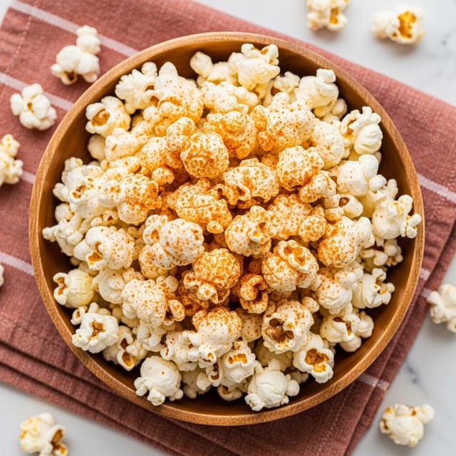 A wooden bowl full of white popcorn sprinkled with a light orange seasoning, showing a mix of fluffy textures with some kernels fully popped and others partially, placed on a white marbled surface with a few popcorn pieces scattered around. Behind the bowl is a folded reddish orange towel with white stripes. Photo taken with an iphone --ar 4:5 --v 7