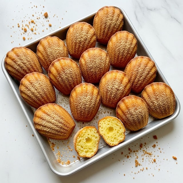 A metal tray holds twelve madeleine cakes arranged in rows. Each madeleine has a ridged shell shape with a golden brown outer crust lightly dusted with fine crumbs, giving a slightly textured look. Two of the madeleines are cut in half, showing a soft and moist yellow crumb inside. The tray is placed on a white marbled surface with scattered crumbs around it. The madeleines have a warm, baked color with slightly darker edges. photo taken with an iphone --ar 4:5 --v 7
