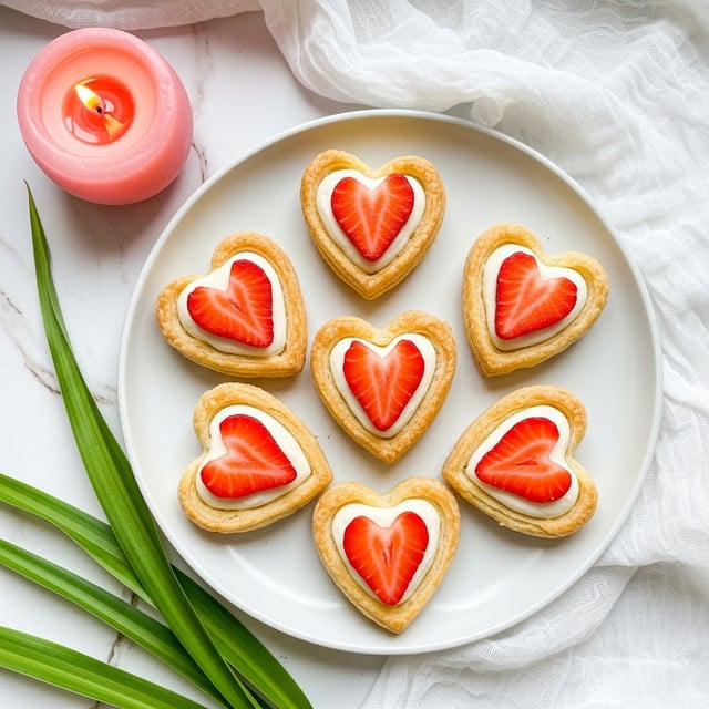 The image shows five small heart-shaped pastries on a white plate. Each pastry has a golden-brown crust with light flaky layers. On top of the crust is a creamy white layer of frosting or cream, and in the center of each pastry, there is a piece of red strawberry cut in the shape of a heart. The plate sits on soft white fabric with a white marbled surface beneath. Nearby, there is a pink candle lit with a soft flame, a pink round object, and some green plant leaves are partially visible at the bottom left corner. Photo taken with an iphone --ar 4:5 --v 7
