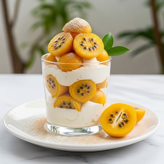 A clear glass dessert cup is filled with three visible layers: the bottom and middle layers are creamy white, smooth and thick, while the second and top layers consist of bright yellow passion fruit halves with black seeds, some glistening with juice. The top layer of passion fruit is sprinkled with a fine dusting of dark brown powder, likely cocoa or cinnamon. A fresh green leaf rests on the side of the glass, which is placed on a white plate with a textured surface that has a light dusting of white powder. Next to the glass on the plate is a halved passion fruit showing its seeds. The background is softly blurred with warm sunlight highlighting the dessert, on a white marbled texture surface. photo taken with an iphone --ar 4:5 --v 7