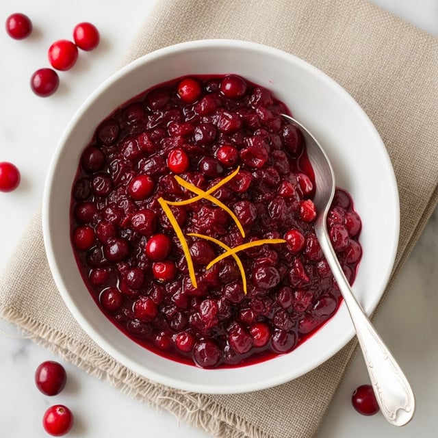 A white bowl filled with deep red cranberry sauce with whole and smashed cranberries visible, topped with thin strips of bright orange zest. The sauce looks glossy and thick, and a silver spoon is placed inside the bowl. The bowl sits on a rough beige cloth napkin on a white marbled surface, with whole fresh cranberries scattered around the bowl. photo taken with an iphone --ar 4:5 --v 7