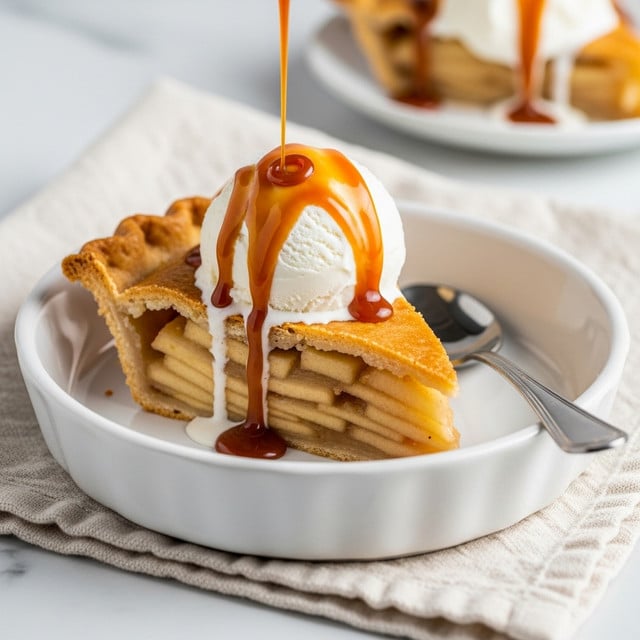 A slice of golden brown apple pie with visible layered apple filling sits in a white ceramic dish. On top of the pie slice is a smooth, white scoop of ice cream that is being covered by a thick, glossy caramel sauce dripping down the sides. A silver spoon rests beside the pie inside the dish. The dish is placed on a cream-colored textured cloth over a white marbled surface. In the background, another dessert similarly topped with ice cream is softly out of focus. Photo taken with an iphone --ar 4:5 --v 7