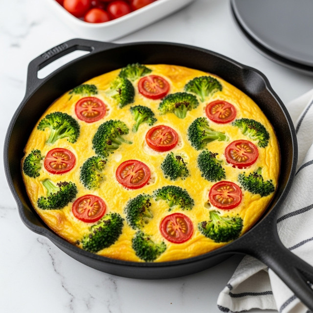 The image shows a round frittata cooked in a black cast iron skillet placed on a white marbled surface. The frittata has one visible main layer with a golden-yellow egg base, interspersed with bright green broccoli florets and sliced red cherry tomatoes evenly spread across the top. The surface of the frittata looks slightly browned and cooked to a fluffy texture. In the background, there is a white dish with whole cherry tomatoes, and a gray plate is partly visible on the right side. A striped white and gray cloth is near the skillet handle. Photo taken with an iphone --ar 4:5 --v 7