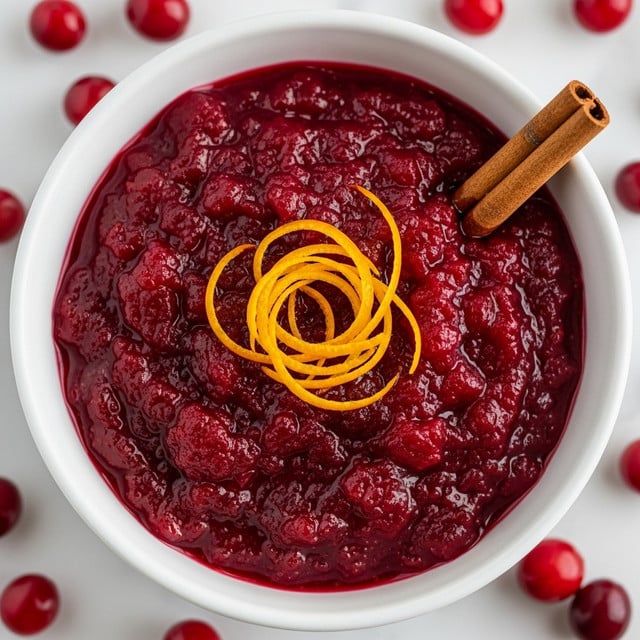A close-up of a white bowl filled with bright red cranberry sauce that has a chunky and glossy texture. On top, there is a swirl of thin, bright orange zest strands placed in the center and a brown cinnamon stick resting on the edge of the bowl. The bowl sits on a white marbled surface scattered with whole cranberries around it. photo taken with an iphone --ar 4:5 --v 7