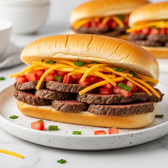 A close-up view of a sandwich on a white plate with small dark speckles, sitting on a white marbled surface. The sandwich has a soft, light golden-brown bun cut horizontally. Inside the bun, there is a thick layer of cooked, chunky pieces of brown meat mixed with small diced red tomatoes. On top, thin strips of yellow cheese are placed, along with fresh chopped green herbs scattered both inside the sandwich and around the plate. The background is softly blurred with white bowls and more food visible. Photo taken with an iphone --ar 4:5 --v 7