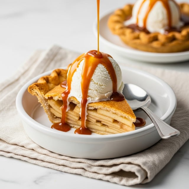 A slice of apple pie with visible thin apple layers inside and a golden, flaky crust edges the top, placed on a white plate with a silver spoon resting on the right side of the pie. A scoop of creamy white vanilla ice cream sits on top of the pie slice, and rich caramel sauce is being poured over the ice cream, flowing down the sides of the pie. The plate rests on a soft, white textured cloth, with a white marbled background behind. Another similarly topped pie slice is blurred in the background. Photo taken with an iphone --ar 4:5 --v 7