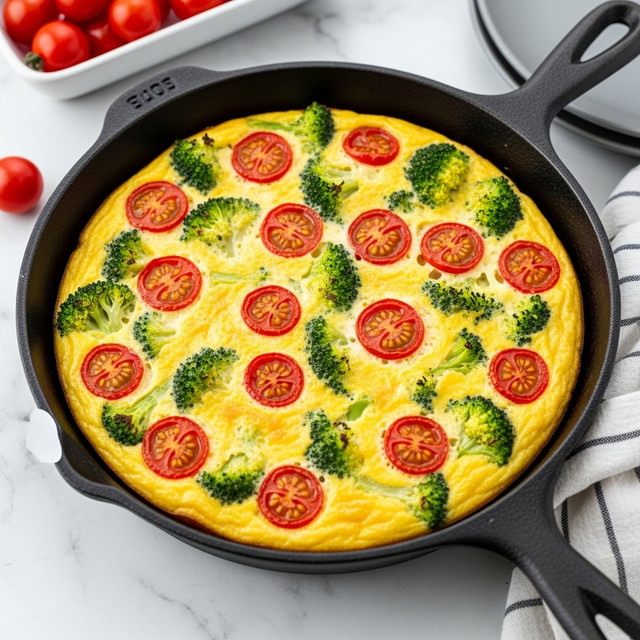 The image shows a round, golden-yellow frittata cooked in a black cast iron pan. The top layer is an even mix of bright yellow eggs with slightly browned edges, dotted with red cherry tomato halves and small green broccoli florets, along with slices of green pepper. The surface texture is slightly puffy and uneven, showing the soft and cooked egg base holding the colorful vegetables together. The pan rests on a white marbled surface with a striped cloth nearby and part of a white bowl containing red cherry tomatoes visible in the corner. Photo taken with an iphone --ar 4:5 --v 7