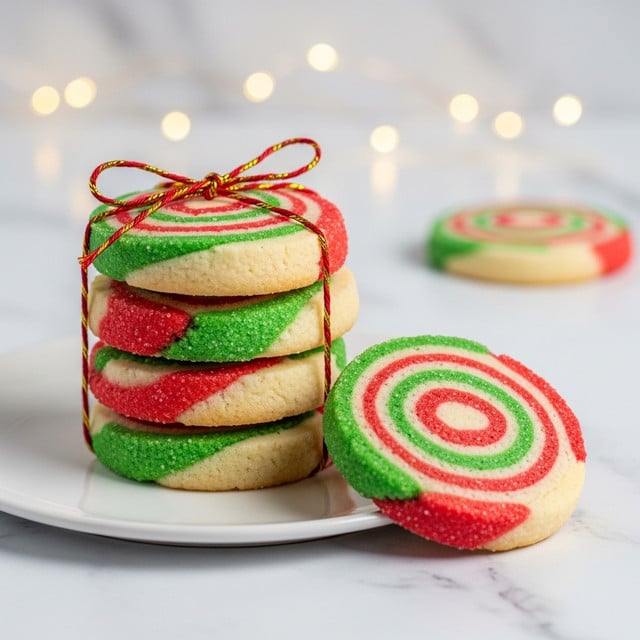 The image shows a stack of five round swirl cookies on a white plate, each cookie having three visible layers: a base layer of light beige dough, a red sugar-coated swirl, and a green sugar-coated swirl twisting inward from the edges toward the center. The top cookie is tied with a red and gold string bow. Next to the stack, a single cookie rests flat, showing the same red and green swirls against the beige base. The background is a white marbled surface with blurred warm fairy lights creating a cozy glow. photo taken with an iphone --ar 4:5 --v 7