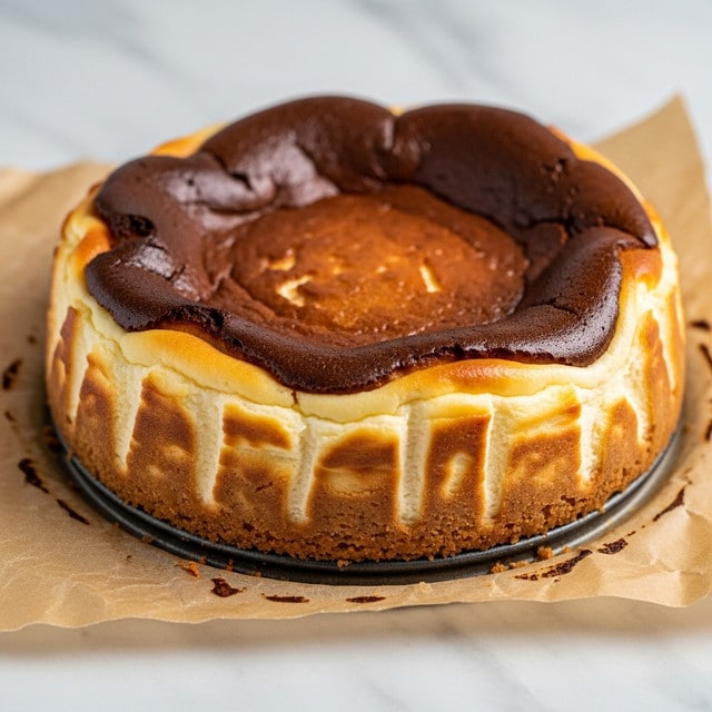 A thick, round cheesecake with a tall crust that is golden brown and slightly cracked on the sides. The top layer is darker brown with a burnt look, uneven and textured with cracks and some puffiness. The middle layer is creamy white, smooth but dense, filling the space inside the thick crust, which is light brown and firm. The cake sits on crumpled brown baking paper on a white marbled surface. The lighting highlights the rich textures and colors, focusing on the cake's height and browned top. photo taken with an iphone --ar 4:5 --v 7