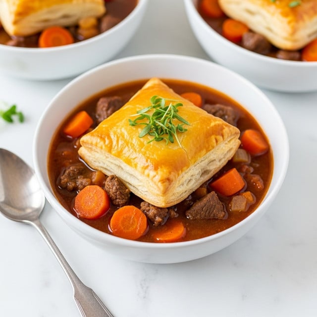 A white bowl filled with thick vegetable and beef stew, showing bright orange carrot chunks and small dark beef pieces in a rich brown-red broth. On top of the stew, a square golden puff pastry with a slightly crispy, flaky texture is placed, garnished with small green herb sprigs. The bowl sits on a white marbled surface, with a silver spoon to the side. There are two more bowls of the same stew with pastry visible blurred in the background. Photo taken with an iphone --ar 4:5 --v 7
