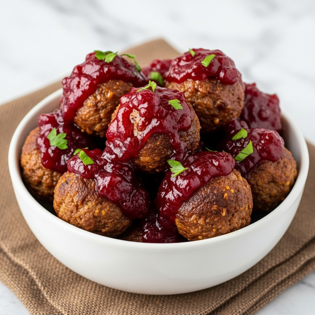 A white bowl filled with round meatballs covered in a thick, shiny dark red sauce that looks rich and slightly chunky, likely cranberry sauce. The meatballs are browned with a slightly crispy texture on the outside. Small green parsley leaves are sprinkled on top, adding a fresh color contrast. The bowl sits on a piece of rustic brown cloth with a white marbled texture in the background. photo taken with an iphone --ar 4:5 --v 7