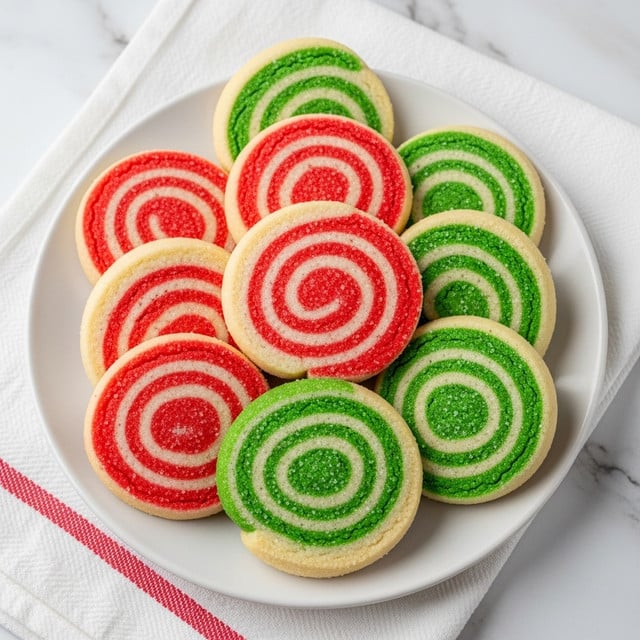 A white plate holds a neat stack of round swirl cookies, each cookie showing two colorful spiral layers. One version has a bright red swirl paired with a white layer, while the other features a vivid green swirl with white. The cookie surfaces are coated with a sparkling sugar texture that gives a slightly grainy look. The plate is set on top of a white cloth with red stripes, all placed on a white marbled textured background. photo taken with an iphone --ar 4:5 --v 7