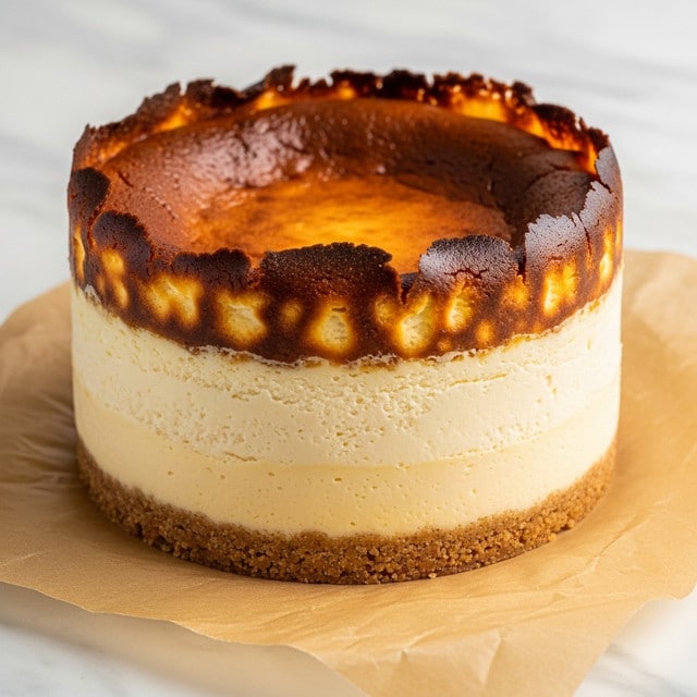 A tall, round cheesecake with three visible layers sits on a piece of brown parchment paper. The bottom layer is a golden-brown firm crust. The middle layer is thick, creamy, and pale yellow in color, with a smooth texture. The top layer is darker with a rich, browned surface that looks slightly cracked and caramelized around the edges, curling up to create a border around the cake. The background shows a white marbled surface. Photo taken with an iphone --ar 4:5 --v 7