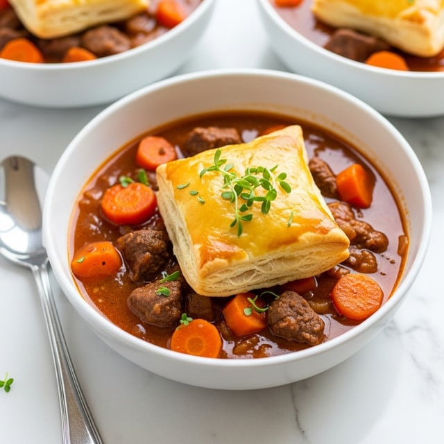 A white bowl filled with a rich brown stew that has visible chunks of orange carrots and pieces of dark brown meat, topped with a square golden-yellow biscuit that has a slightly crispy texture and is garnished with small green herb sprigs. The stew looks thick and hearty, filling the bowl nearly to the top, and is set on a white marbled surface. In the background, there are two more bowls with the same stew and biscuit, slightly out of focus, and a silver spoon resting beside the front bowl. Photo taken with an iphone --ar 4:5 --v 7