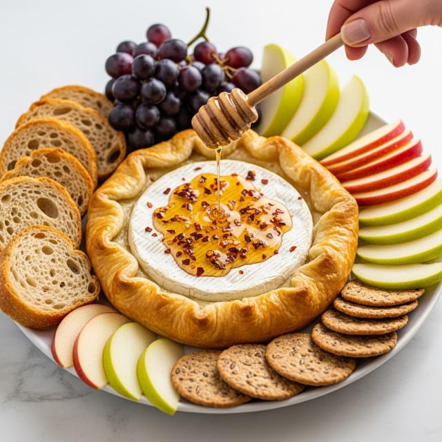 A golden-brown baked cheese wheel with a puffy, flaky crust forms the center layer, topped with a drizzle of light amber honey mixed with red chili flakes, flowing from a wooden honey dipper held by a woman's hand above it. Surrounding the cheese are irregular slices of toasted bread with a crunchy texture in the foreground, thin slices of red and green apple on the left, a bunch of dark purple grapes in the back, pale yellow pear slices partially visible behind the grapes, and pieces of light brown crackers in the background, all arranged neatly on a white plate set on a white marbled surface. photo taken with an iphone --ar 4:5 --v 7