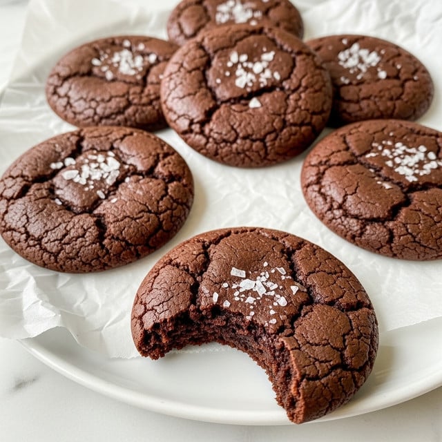 A white plate holds five round chocolate cookies placed on a crumpled piece of white parchment paper, each cookie showing a deep brown color with crackled tops sprinkled with coarse white sea salt. One cookie is in the front, broken in half with the upper piece resting on the lower piece, revealing a moist, dense, and fudgy dark brown inside. The cookies have a soft, slightly glossy texture with cracks that give a rustic, homemade look. The plate sits on a white marbled surface, creating a clean and bright setting. photo taken with an iphone --ar 4:5 --v 7