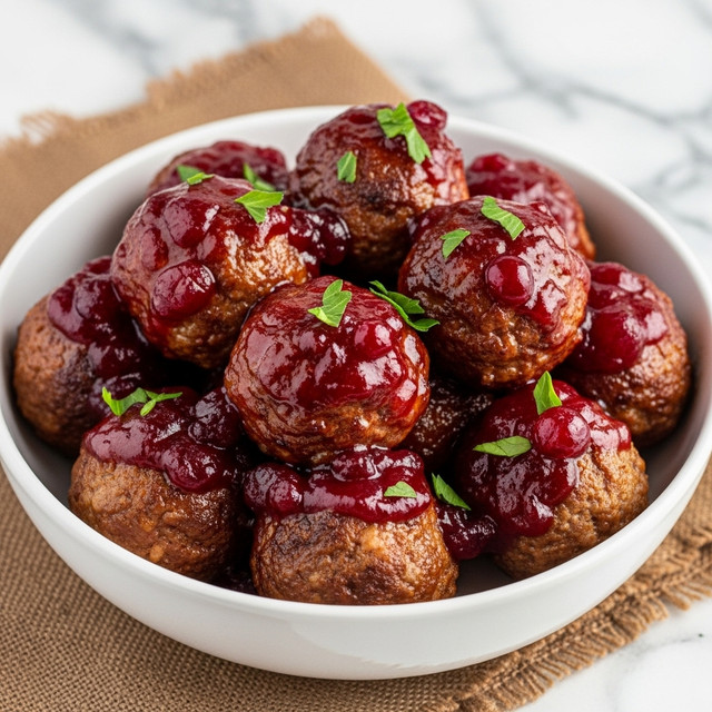A close-up view of a white bowl filled with about eighteen round meatballs that are golden-brown and covered in a shiny, thick dark red sauce. The meatballs are partly submerged in the sauce, which looks glossy and slightly chunky, with visible bits of fruit or vegetables. Small bright green herb leaves are scattered over the dish, adding contrast to the deep red and brown colors. The bowl is placed on a tan woven cloth, with a blurred white marbled surface in the background. Photo taken with an iphone --ar 4:5 --v 7